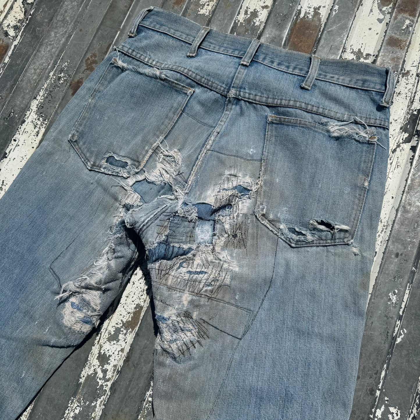 1970s THUMBS UP RODEO BOOTCUT PATCHWORK JEANS 32x32