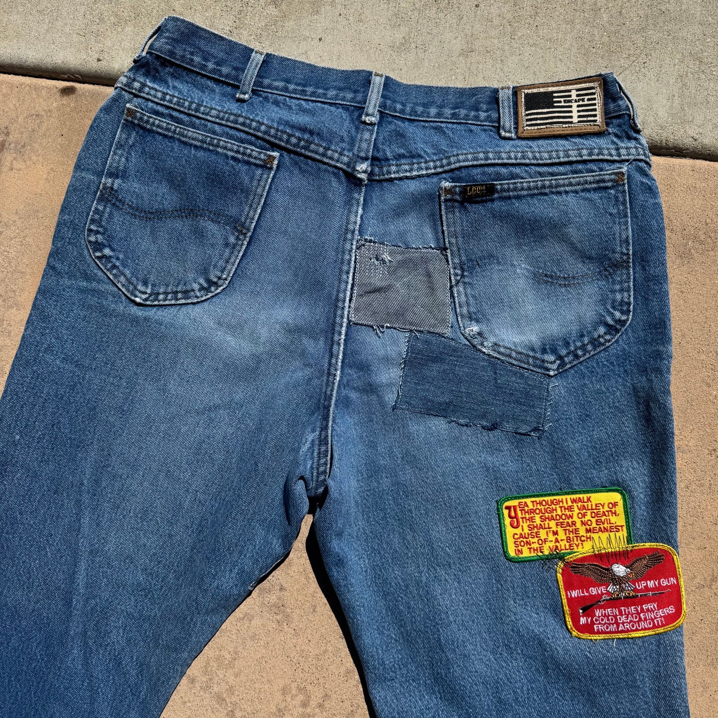 1/1 DENIM PATCHWORK BOOTCUT LEE RIDER JEANS 36x32