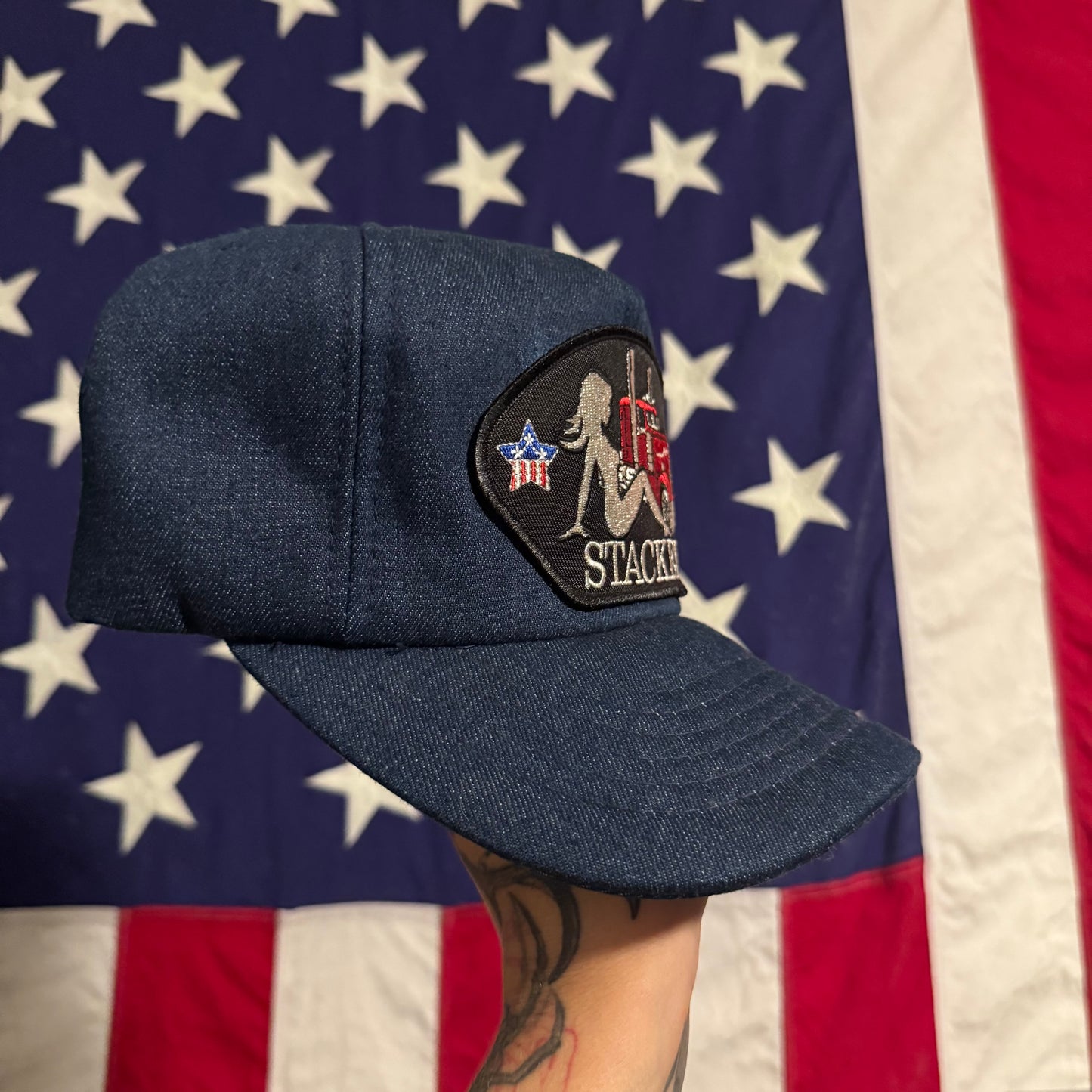 001 STACKED DENIM TRUCKER HAT