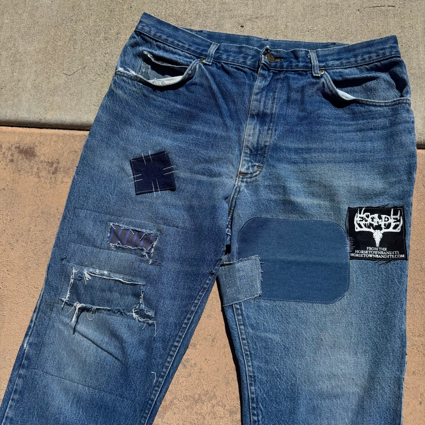 1/1 DENIM PATCHWORK BOOTCUT LEE RIDER JEANS 36x32