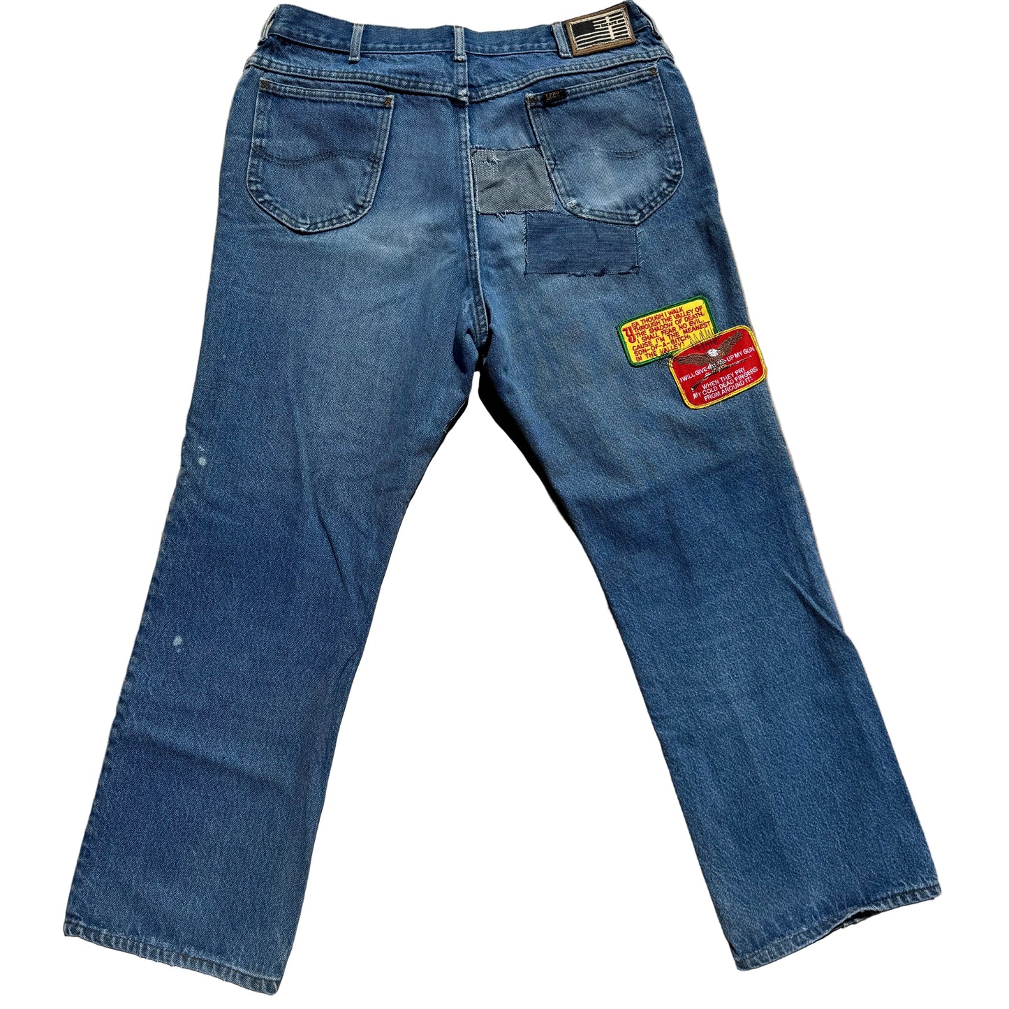 1/1 DENIM PATCHWORK BOOTCUT LEE RIDER JEANS 36x32